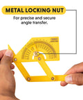 Hands holding Handy Plastic Protractor And Angle Finder Set For Inside Outside And Sloped Angles 0 To 180 Degrees Four Piece With Brass Lock Nut