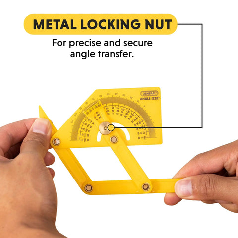 Hands holding Handy Plastic Protractor And Angle Finder Set For Inside Outside And Sloped Angles 0 To 180 Degrees Four Piece With Brass Lock Nut