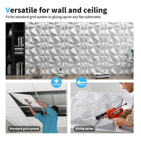 Diamond Pattern Grey PVC Wall Panels 19.7 Inch Square Pack Of 12 Lightweight Fire Resistant Easy DIY installation for walls and ceilings