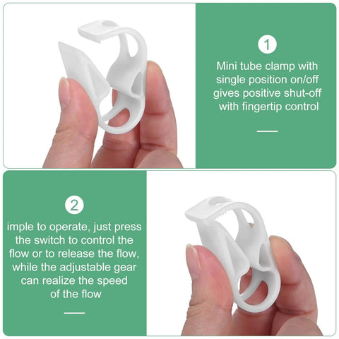 Close-up of white adjustable plastic tubing clamp in hand, showing design and fingertip control. Mini on/off switch visible.