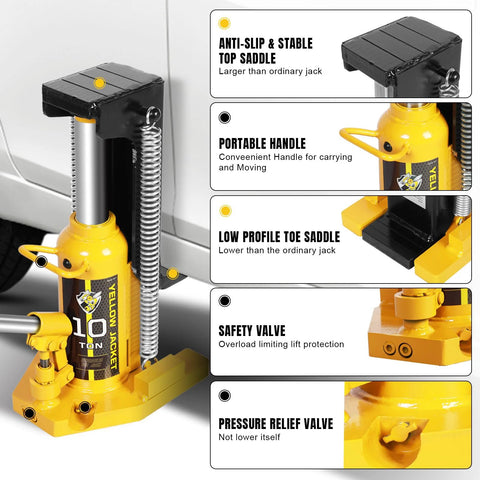 Yellow Jacket toe jack, 10-ton capacity, hydraulic lift with portable handle.