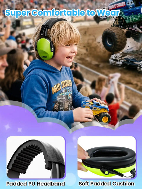 Premium Noise Reducing Earmuffs for Kids and Adults Adjustable EM100 Hearing Protection with Soft Memory Foam Padding Breathable PU Leather, 27.4 SNR, Great for Monster Jam, Concerts, Fireworks and Autism Sensory Needs