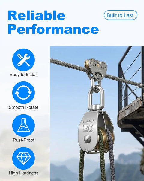 4 Pack M20 Stainless Steel Wire Rope Crane Double Pulley Block for Lifting and Hoisting Heavy Duty Rustproof Corrosion Resistant 360 Degree Rotation Rugged Block System for Tough Jobs on wire rope