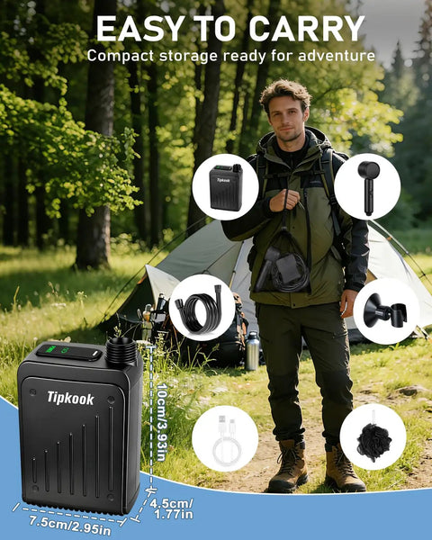 Portable Camping Shower Pump With 3 Speed Settings, Rechargeable Battery Powered Outdoor Shower shown with accessories