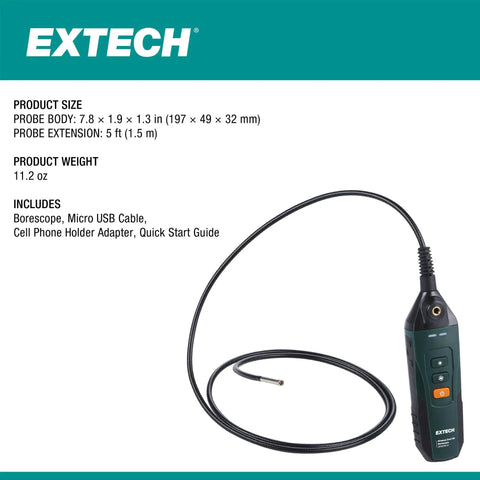 Wireless Dual HD Borescope With Mobile App Control, 1.5m Probe, 5.5mm Camera, Rugged IP67 Video Scope For Easy Inspections