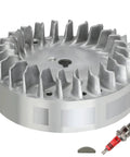 Beefed Up Aluminum Flywheel For Non Hemi Predator 212cc 224cc engines, showing billet design with included spark plug and key