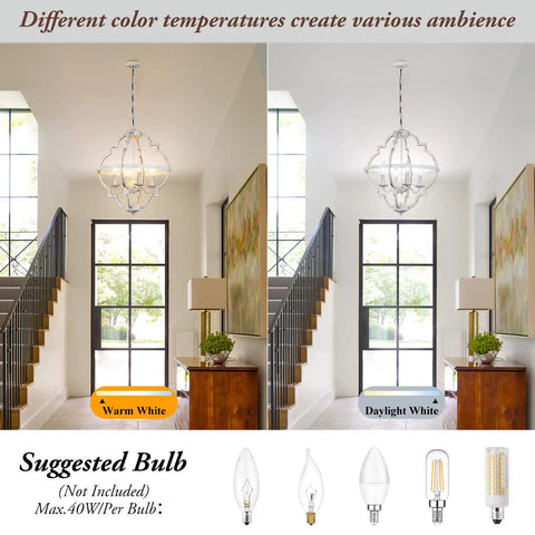 Warm and daylight white lighting options for a 4 Light Farmhouse Candle Chandelier With Dope Open Orb Frame In Rustic White Finish.
