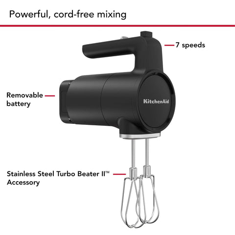 Cordless Hand Mixer With Included Battery Pack Brings You Up To Sixty Minutes Run Time For Easy Mixing And Whipping Zero Cable Hassle in matte black with stainless steel beaters.