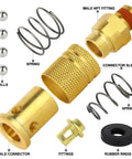 Exploded view of 2-piece brass 1/4-inch NPT air quick-connect coupler with springs, balls, seals.