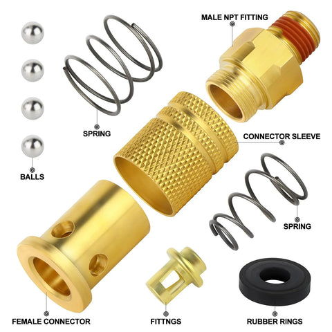 Exploded view of 2-piece brass 1/4-inch NPT air quick-connect coupler with springs, balls, seals.