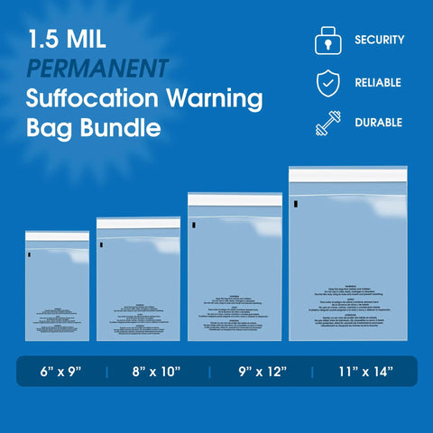 Poly Bag Bundle Set Self Seal Clear Plastic Bags 6x9, 8x10, 9x12, 11x14 400 Pack 100 Each with suffocation warning