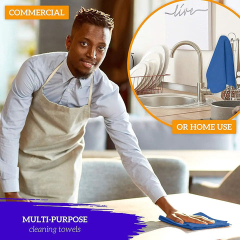 Blue Cotton Shop Towels 12 By 14 Inches Heavy Duty Workhorse Pack Of 100 Reusable Absorbent Cleaning Rags in use in kitchen