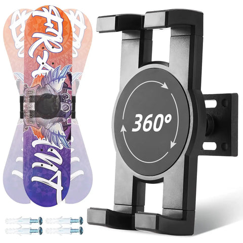 Skateboard Deck Wall Mount 360-Degree Rotating Hanger with skateboard display, screws included.