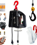 Rock Solid Portable Electric Hoist Winch 1100 Lbs with wired remote, heavy-duty components, safety gloves, accessories included.