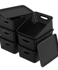Six Pack Plastic Storage Baskets With Lids For Easy Organization, Stackable Ventilated Bins BPA Free Durable Black Storage Containers