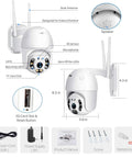 1080P Pan Tilt Outdoor Security Camera With Two Way Audio, 355 Degree Horizontal And 90 Degree Vertical Rotation, Crystal Clear Night Vision, Motion Detection, Waterproof CCTV, ONVIF, Supports Up To 128GB SD Card, Built In Speaker And Recorder components including dual antenna, LEDs, and SD card slot.