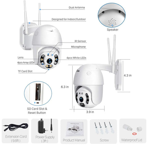 1080P Pan Tilt Outdoor Security Camera With Two Way Audio, 355 Degree Horizontal And 90 Degree Vertical Rotation, Crystal Clear Night Vision, Motion Detection, Waterproof CCTV, ONVIF, Supports Up To 128GB SD Card, Built In Speaker And Recorder components including dual antenna, LEDs, and SD card slot.