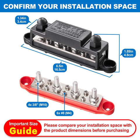 Beefy 12V 24V 48V Power Distribution Block Bus Bar With Four M10 Terminal Studs And Six M4 Screw Terminals, 250A Max