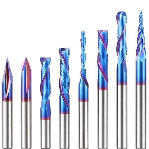 Eight Piece 1/4 Inch Shank CNC Router Bit Set With Pro Grade Tungsten Carbide for woodworking detail carving engraving groove