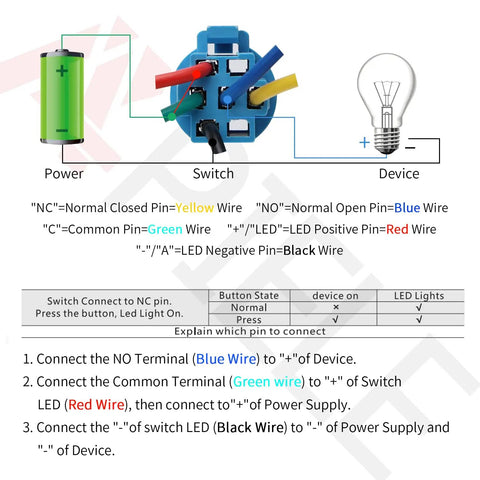 Wiring diagram for 12V Momentary Horn Push Button Switch with 19mm Mounting Hole showing connections and wire colors.