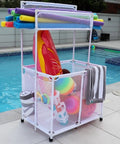 Weather Resistant Pool Storage Organizer Bin With Mesh Rolling Double Deck Rack Noodle Holder For Noodles Toys Balls And Floats