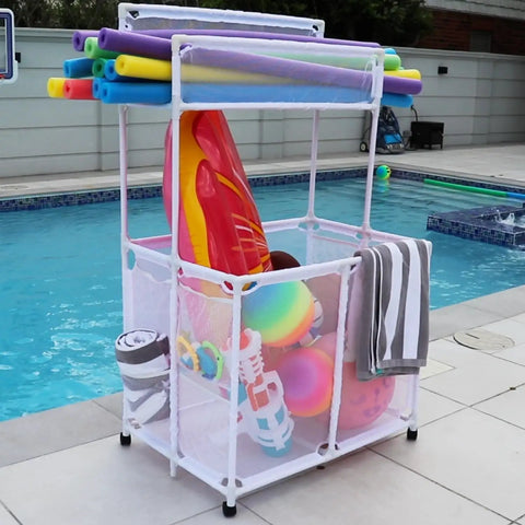 Weather Resistant Pool Storage Organizer Bin With Mesh Rolling Double Deck Rack Noodle Holder For Noodles Toys Balls And Floats