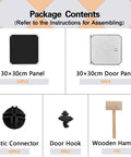 Package contents for Cube Storage Organizer With Doors, showing panels, plastic connectors, door hooks, and wooden hammer.