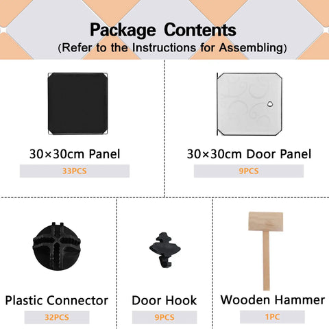 Package contents for Cube Storage Organizer With Doors, showing panels, plastic connectors, door hooks, and wooden hammer.