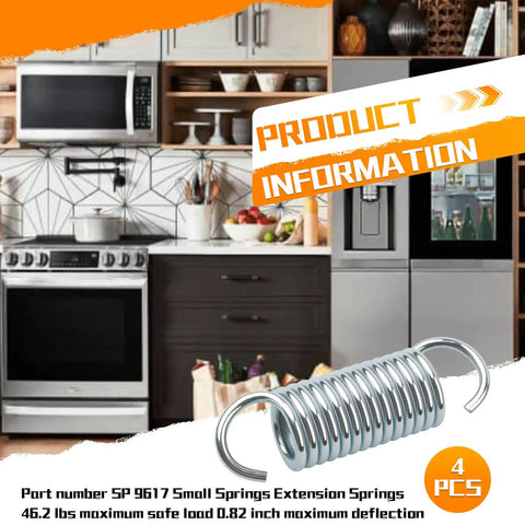 4-Pack 9617 Extension Springs With Hook Ends in a kitchen setting, emphasizing their compact and durable design for quick repairs.