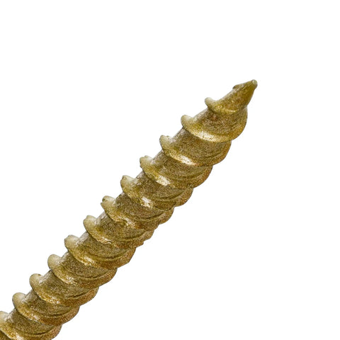 Rock Solid Exterior Wood Screws For Outdoor Decking Projects Grade Ten X Three Inch Epoxy Coated Bronze Finish Heavy Duty Construction Fasteners Sixty Six Pack self-starting tip close-up.
