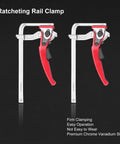 Heavy Duty Ratcheting Table Clamp Hardcore Rail Fixture For Woodworking And Rock Solid Material Stabilization Built With Premium Chrome Steel For Pro Shops - Close-up of red handle and chrome vanadium steel.