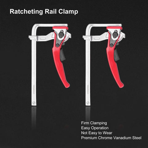 Heavy Duty Ratcheting Table Clamp Hardcore Rail Fixture For Woodworking And Rock Solid Material Stabilization Built With Premium Chrome Steel For Pro Shops - Close-up of red handle and chrome vanadium steel.