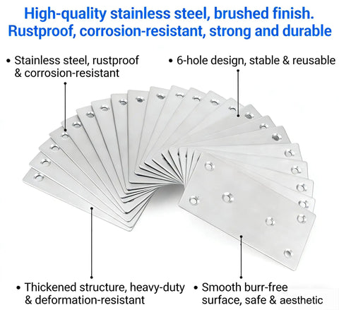 Heavy Duty Stainless Steel Mending Brackets 40 Pack Straight Up Solid Plates For Wood Shelves And Cabinets Rust Resistant DIY joining hardware, 6-hole design, brushed finish.