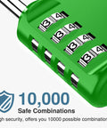 Close-up of green 4 Pack 4 Digit Combination Locks Outdoor Waterproof Padlocks For Locker Gym School Fence Toolbox Gate Case Cabinets