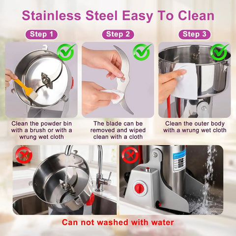 Steps to clean Heavy Duty Pro Grade Grain Mill With 3600W Motor without water, using a cloth for stainless steel surfaces.