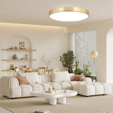 Modern living room with 12 Inch Brushed Gold Metal Flush Mount LED Ceiling Light With 3000K To 5000K Adjustable Color Temperature 20W Ultra Thin Round Modern Low Profile Fixture