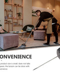 Dark Grey Angle Floor Broom With Long Stainless Steel Handle And Dense Stiff Bristles Snags Pet Hair Kitchen Messes And Daily Grime So Flipping Your Space Clean Is Total No Sweat Mode used for efficient cleaning in stylish living space.
