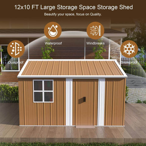 Front view of 10x12 Ft Heavy Duty Metal Outdoor Storage Shed With Lockable Sliding Door Windows And Ventilation Weatherproof Garden Shed