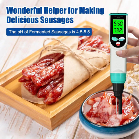 Digital Waterproof pH Meter With High Accuracy pH And Temperature Probe For Sourdough, Cheese, Solid And Liquid Foods showing pH reading in sausages