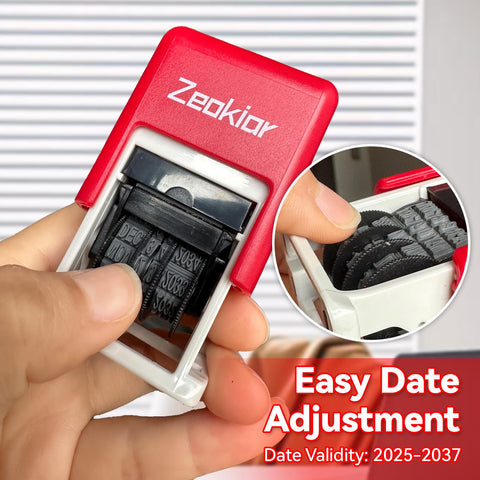 Slick Adjustable Received Date Stamp For Offices And Businesses Straight Up Reliable Two Color Ink With Blue Text And Bold Red Dates Easy To Reset Up To Thirteen Consecutive Years Built Tough For Daily Mailroom Hustles And Quick Paperwork Sign Offs, showing date adjustment feature.
