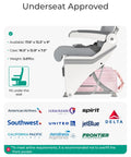 baby pink underseat carry-on luggage demonstrating fit under airplane seat