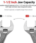 Six Inch Adjustable Wrench With One And A Half Inch Jaw Capacity Laser Engraved Scales For Quick Readouts facing each other.