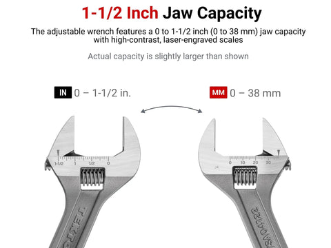 Six Inch Adjustable Wrench With One And A Half Inch Jaw Capacity Laser Engraved Scales For Quick Readouts facing each other.