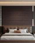 Slick 3D Black Oak Wood Slat Panels Peel And Stick Acoustic Foam Blocks Echo Fast Upgrade For Any Room Easy Do It Yourself Application High Density Soundproof 17 Piece Kit in modern bedroom interior.