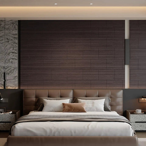 Slick 3D Black Oak Wood Slat Panels Peel And Stick Acoustic Foam Blocks Echo Fast Upgrade For Any Room Easy Do It Yourself Application High Density Soundproof 17 Piece Kit in modern bedroom interior.
