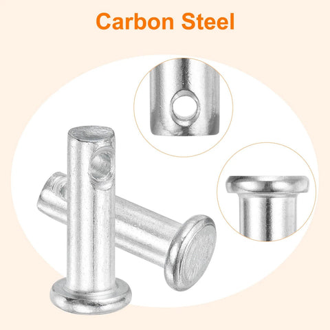 Set Of 10 Pro Grade Three Sixteenth Inch By Five Eighths Inch Single Hole Clevis Pins In Carbon Steel With Flat Heads Displayed