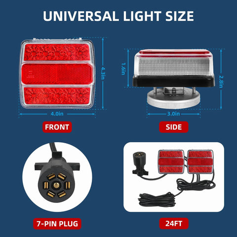 Yinaolan magnetic LED trailer light kit, front view with red lens, 7-pin plug, 24 ft cable