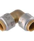 One Half By One Half Inch PTC 90 Degree Elbow Push To Connect Brass Plumbing Fitting UR248A with stainless steel components