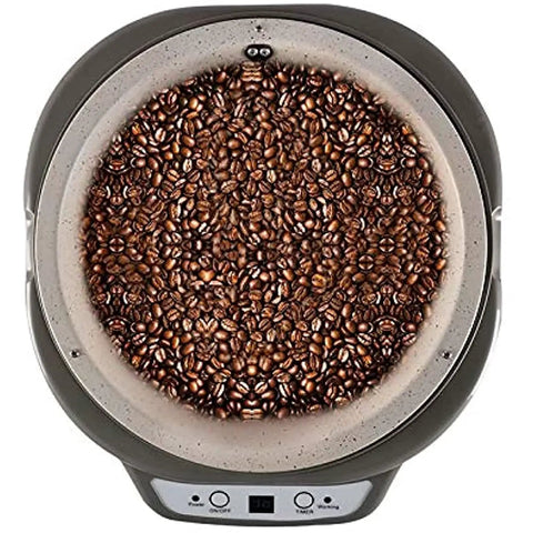 Top view of Knock Yourself Out Electric Coffee Roaster Machine With Precision Timer And Heat Dial Black with roasted coffee beans.