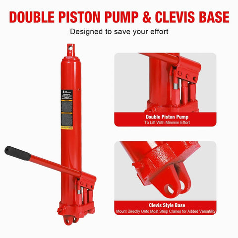 8 Ton Hydraulic Long Ram Jack With Dual Piston Pump, Clevis Base, Red Heavy Duty Engine Hoist Cylinder